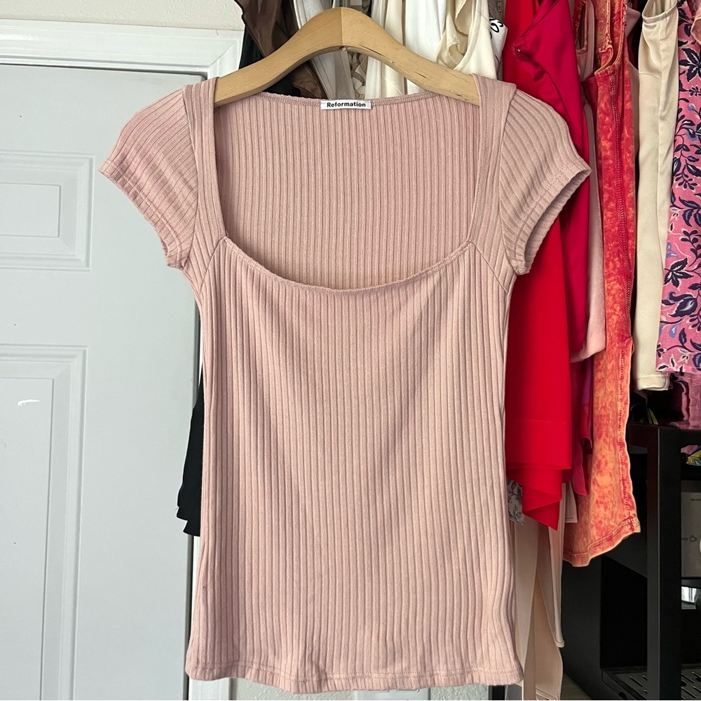 NWT REFORMATION dusty pink mauve rib knit square neck boxy cropped tshirtβ top